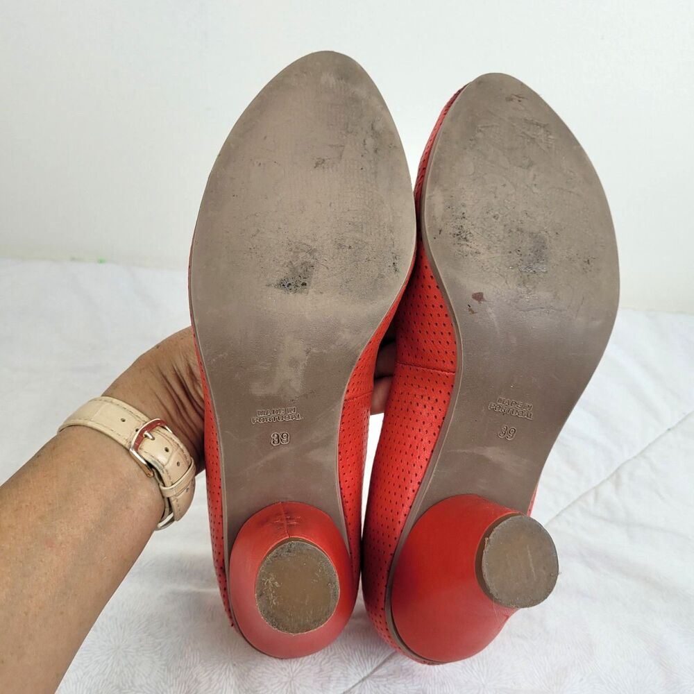 Lirio Portugal Perforated Leather Almond Toe Cone Heels Coral Orange Pinup 8 - Picture 5 of 13
